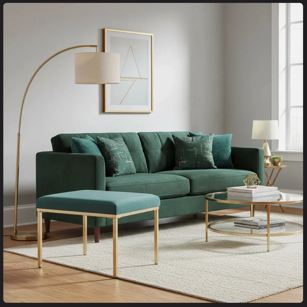 Rectangular Ottoman Footstool With Gold Metal Legs, Upholstered Accent Bench